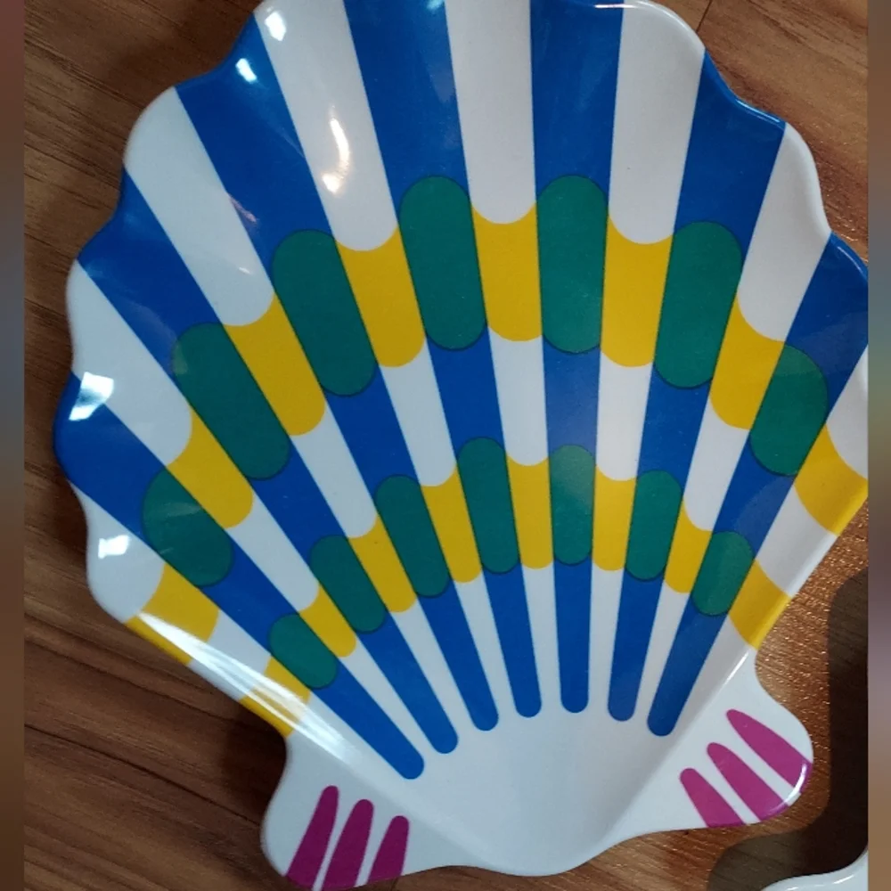 Blue Stripe Taipro Sea Shell Melamine Picnic Platters Plates Beach Set Of 4 Vtg
